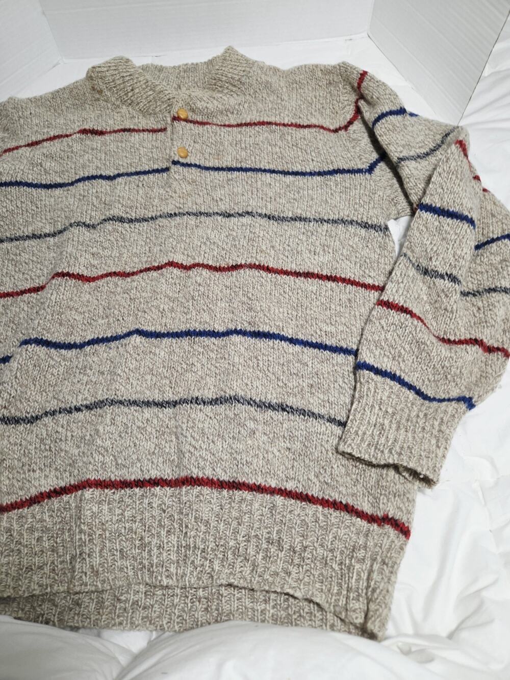 Le Tigre Striped Vtg 80’s Henley Sherpa Wool Sweatshirt Sz L Pullover Deadstock
